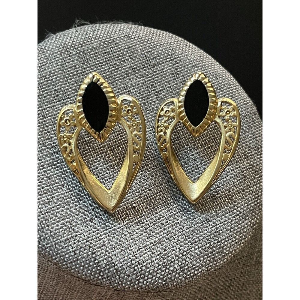 Vintage Signed VAL Pierced Earrings Black Enamel Gold Plated Drop Statement